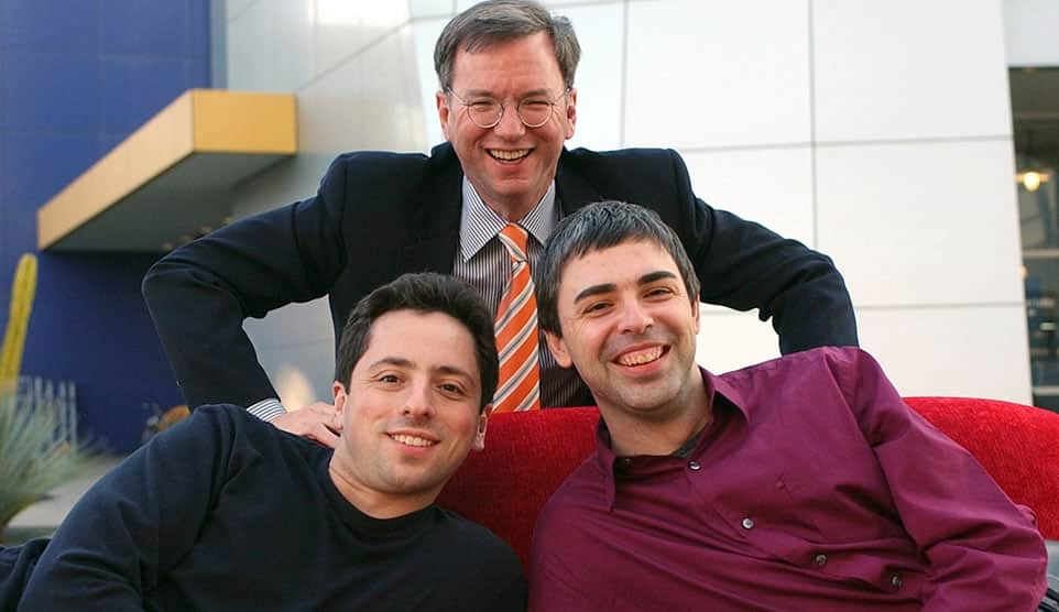 Larry Page with Sergey and Eric Schmidt