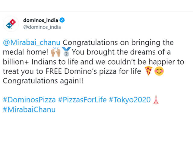 Dominos India tweet for Saikhom Mirabai Chanu lifetime free pizza