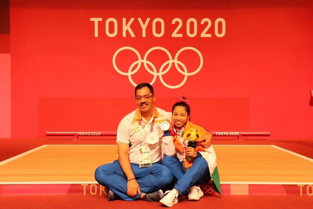 Saikhom Mirabai Chanu with coach Vijay Sharma at Tokyo Olympics