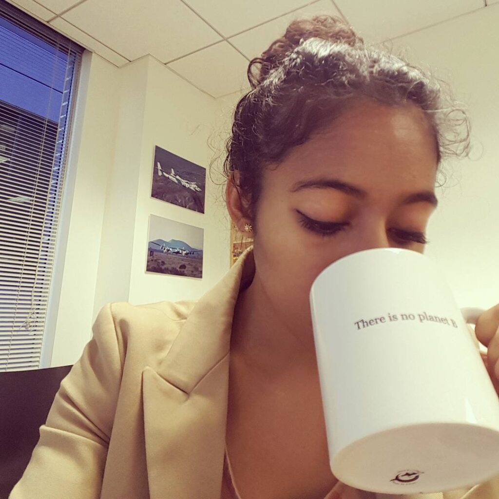 Sirisha Bandla drinks coffee