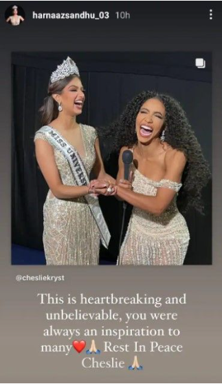 Miss Universe Harnaaz Sandhu Instagram post about Cheslie after her death