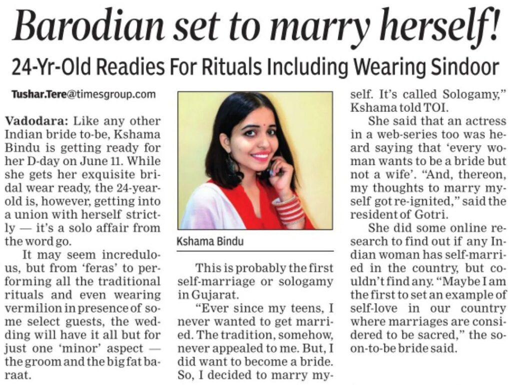 Kshama marriage news are on Times of India newspaper