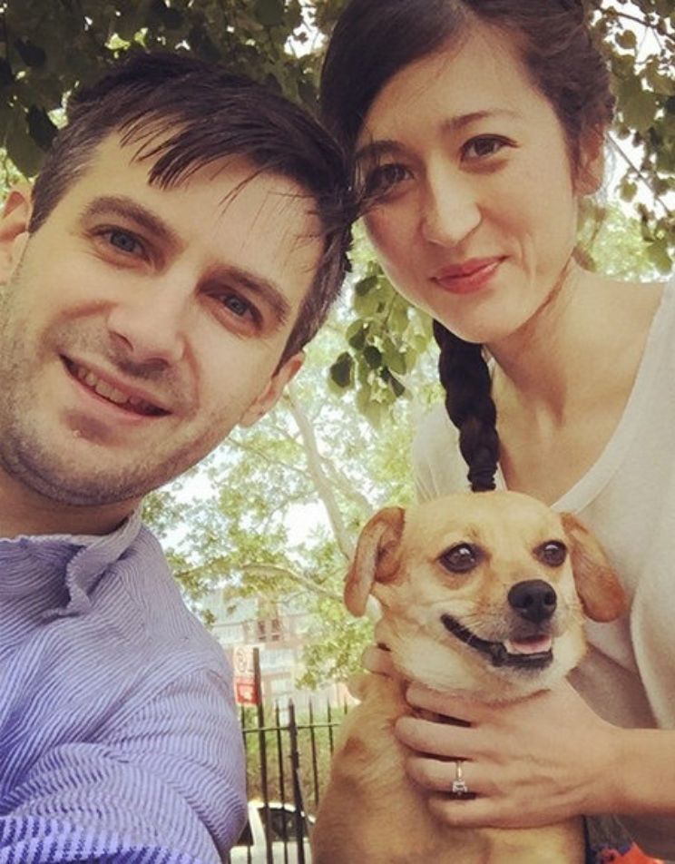 Mina Kimes with husband and pet dog