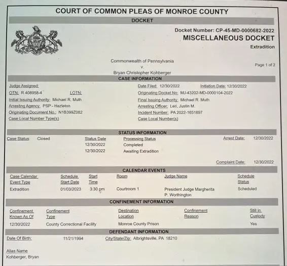 Bryan Kohberger extradition court records
