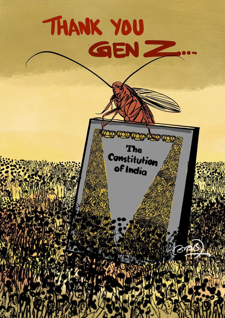 Editorial cartoon of a cockroach standing on the Constitution of India after the education minister's resignation, captioned Thank You Gen Z